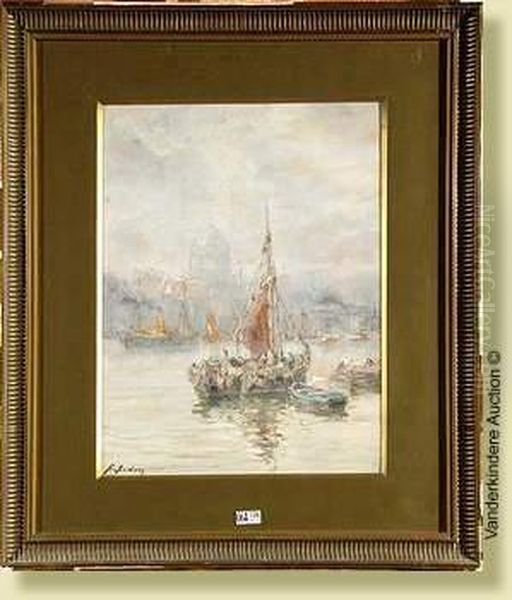Leport De Londres, Aquarelle Sur
 Papier. Signee En Bas A Gauche H.arden. Ecole Belge. Dim.: 37x27,5cm Oil Painting by Henri Arden