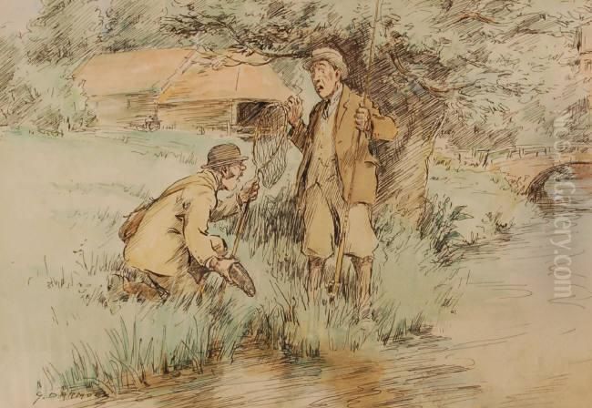 Pen, Ink Andwatercolour Cartoon,
 Anglers On A River Bank, Signed With Captionon The Mount, Artist 
Dedication Verso. 7.5
