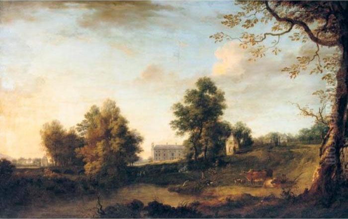 A Prospect Of Belan House, 
Ballitore, County Kildare, Seat Of The Earls Of Aldborough, With Cattle 
In The Foreground Oil Painting by William Ashford