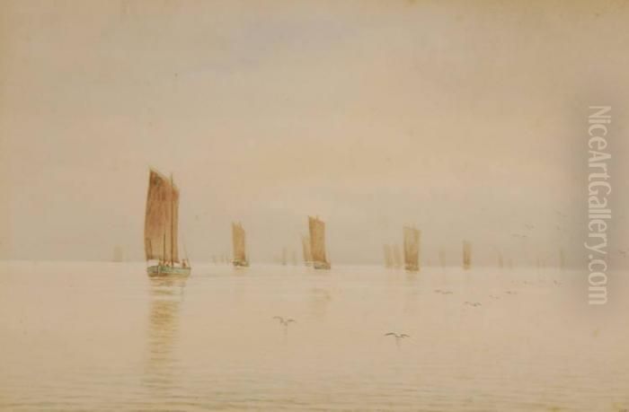 Fishing Fleet Off The Coast Oil Painting by James Ashton