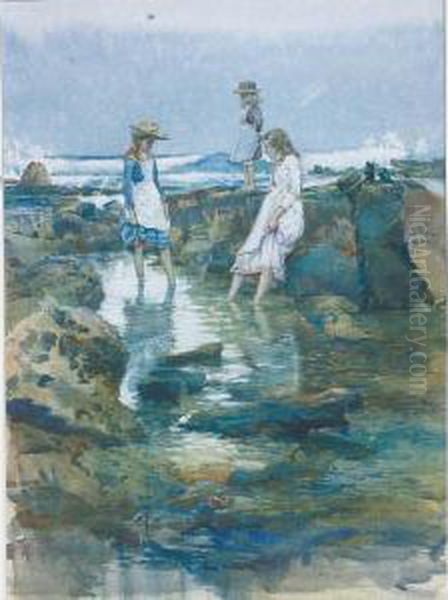 Girls Wading In The Rock Pools Oil Painting by Julian Ashton