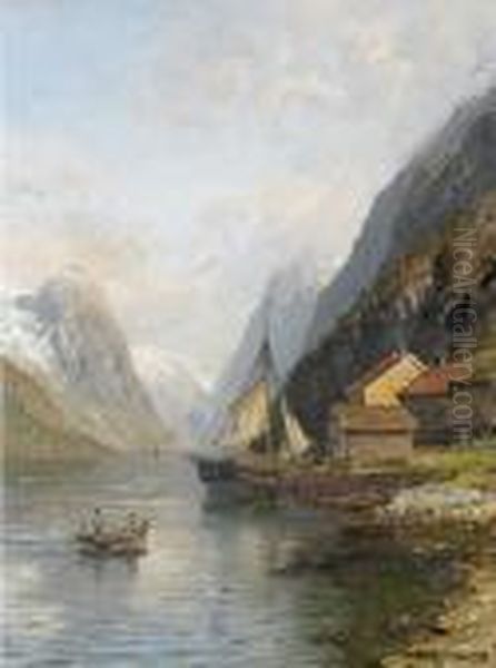 Fjordlandschaft Mit Bootsanlegestelle Und Figurenstaffage. Oil Painting by Anders Monsen Askevold