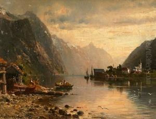 Fjordlandskap Med Kirkested 1891 1891 Oil Painting by Anders Monsen Askevold