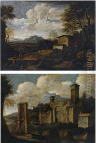 A View Of A Gate Of A Fortified 
Town With Herdsmen And Sheep Approaching, In A Hilly Southern Landscape Oil Painting by Jan Asselyn