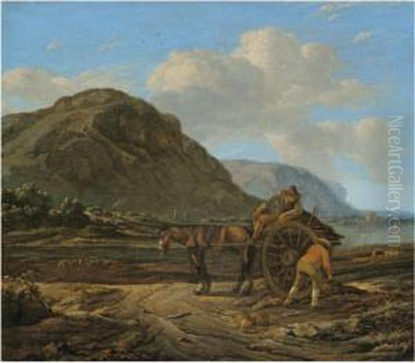 A Landscape With A Horse And 
Cart And Two Farmers In The Foreground With Kelp Gatherers On The Shore 
Beyond Oil Painting by Jan Asselyn