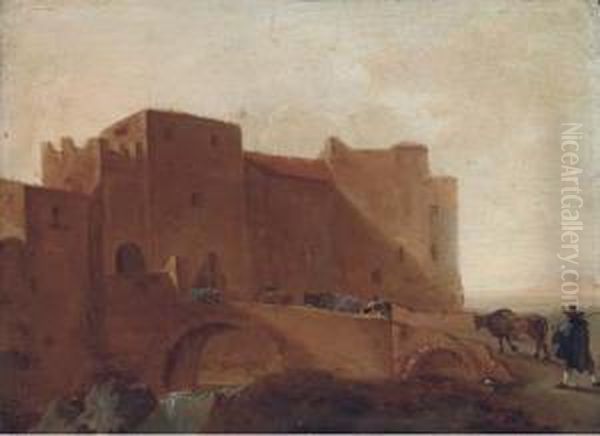 Herdsman Crossing A Bridge With Their Cattle Oil Painting by Jan Asselyn