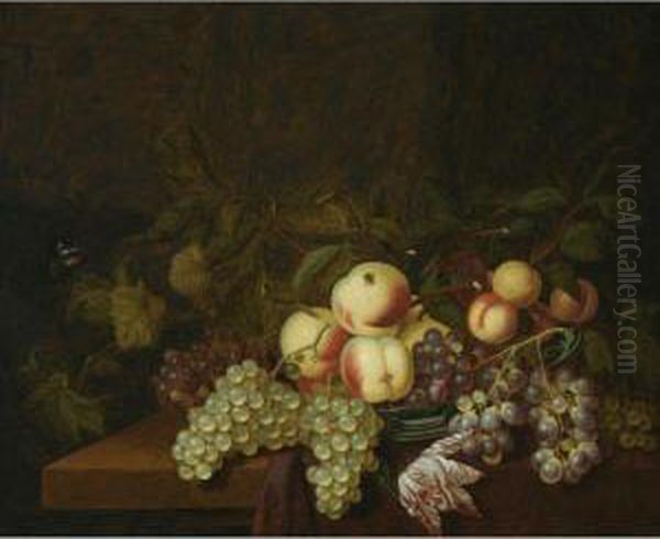 Still Life Of Peaches And Grapes
 In A Wan-li Porcelain Bowl, Together With A Butterfly, All Arranged On A
 Table Partly Draped With A Red Cloth Oil Painting by Bartholomeus Assteyn