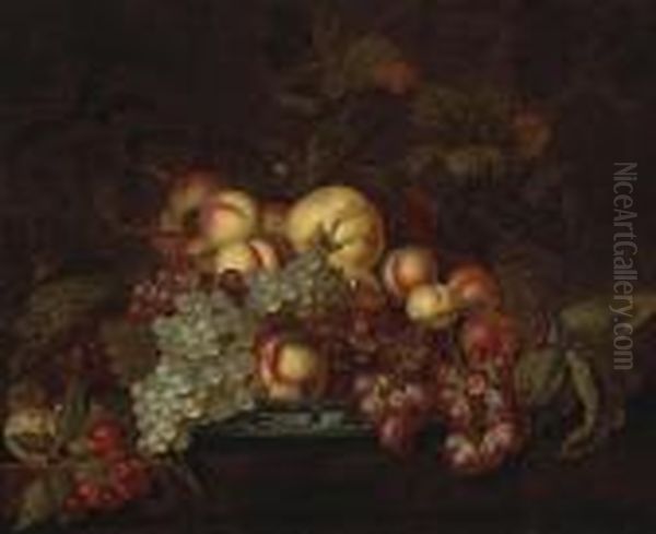 A Still Life With Grapes, 
Peaches And Other Fruit In A Porcelain Dish On A Partially-draped Table Oil Painting by Bartholomeus Assteyn