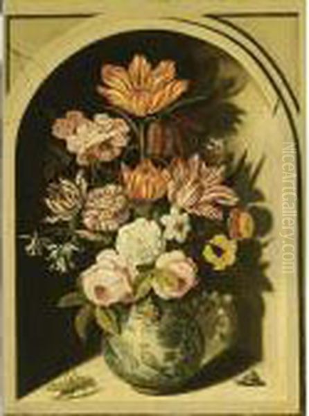 A Still Life With Roses, Tulips,
 Carnations, Lily-of-the-valley, Marigolds, Forget-me-nots, Columbine, A
 Snake's Head Fritillary And Other Flowers In A Decorated Blue Porcelain
 Vase, Together With A Red Admiral, A Grasshopper And A Snail, All In A  Oil Painting by Bartholomeus Assteyn