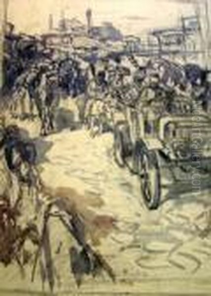 Military Jeeps, Soldiers And 
Refugees With Camels In A Column And A Mosque In The Distance; Black 
Chalk With Touches Of Watercolour, Bears Cachet De Vente, 55x39cm Oil Painting by Charles Garabed Atamian