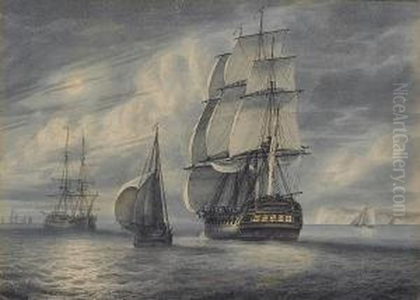 A Frigate Running Down The 
Channel Past A Cutter, With Other Ships Of The Fleet At Anchor Ahead Of 
Her Oil Painting by Samuel Atkins