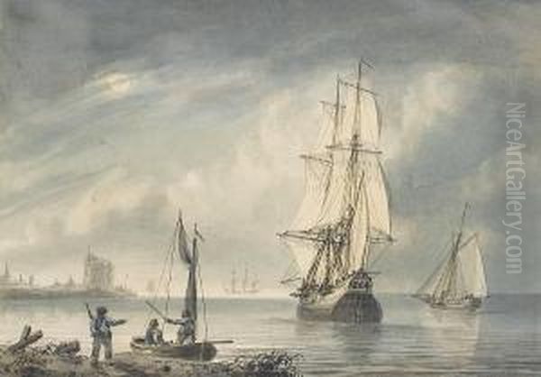 A Bilander And Smaller Craft 
Offshore In A Light Breeze, With An Anchored Three-master Beyond; A 
Frigate Preparing To Anchor In A Swell, With Other Vessels Riding Out 
The Heavy Weather Nearby Oil Painting by Samuel Atkins