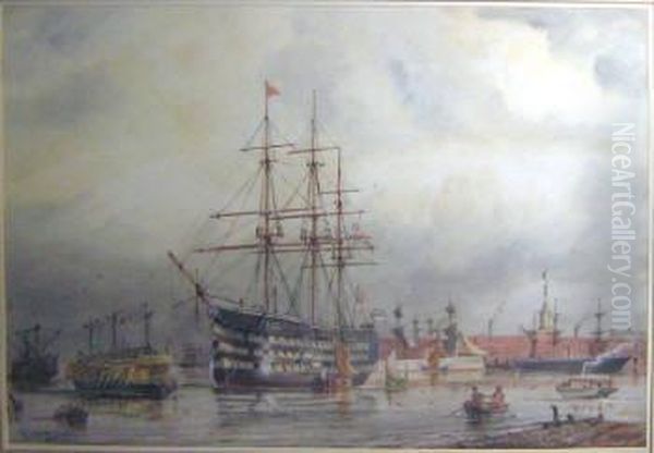 'hms Victory In Portsmouth Harbour', Watercolour, Signed, 53.5cm X66.5cm, Framed Oil Painting by William Edward Atkins