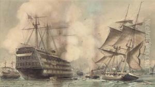 H.m.s. Victory Saluting A Royal 
Navy Brig Being Towed Past The Oldflagship's Permanent Mooring Into 
Portsmouth Harbour Oil Painting by William Edward Atkins