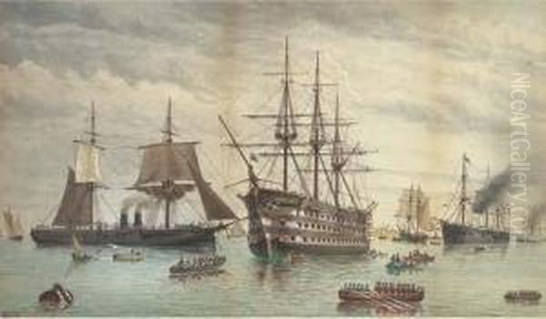 H.m.s. Victory Amidst Ironclads Lying At Anchor In The Harbour,portsmouth Oil Painting by William Edward Atkins