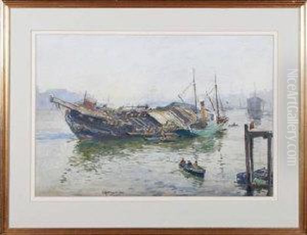 The Hulk Of The Wellesley Lying 
Low In The Water Supported By Thelifting Derricks Of A Steam Tender Oil Painting by John Atkinson