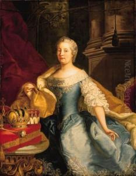 Portrait Of The Empress 
Maria-theresa, Three-quarter-length, In Asilver-embroidered Blue Dress 
With Lace Sleeves And Bodice, With Anermine-lined Cloth-of-gold Cloak, 
By A Table Bearing The Imperialregalia On A Red Cushion Oil Painting by Johann-Gottfried Auerbach
