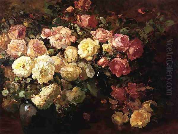 Still Life with White and Pink Roses Oil Painting by Franz Bischoff