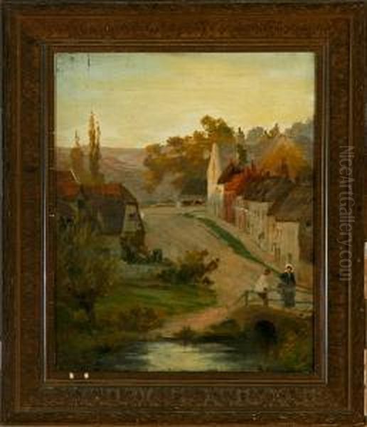 Village Street With A Mand And Woman On A Bridge Oil Painting by James Aumonier