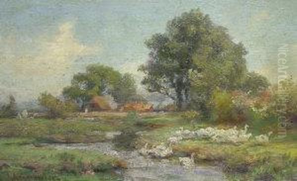 Geese By A Stream With Cottages And Woodland In The Distance Oil Painting by James Aumonier