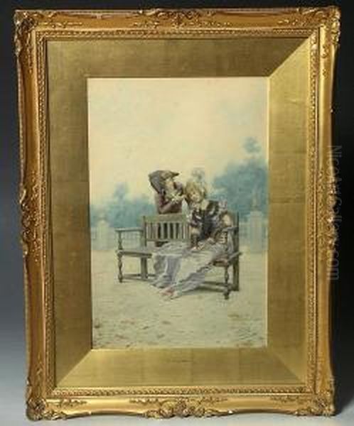 A Lady In Costume And Wearing A 
Bonnet While Seated On A Wooden Bench Accompanied By A Gentleman In An 
Italian Garden Setting Oil Painting by Giuseppe Aureli