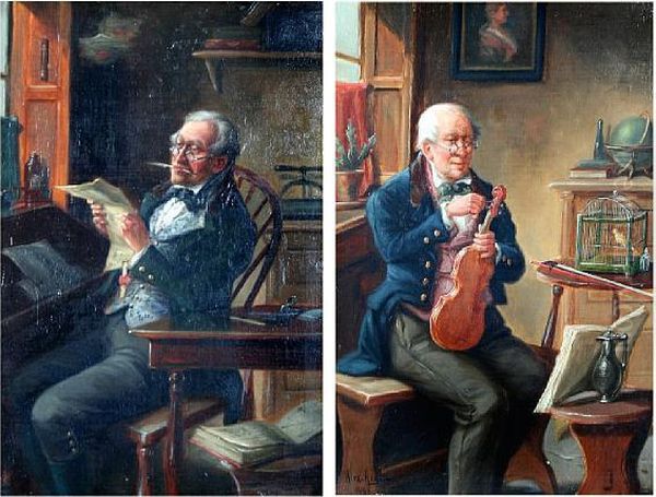 Gentleman Tuning A Violin, Together With Another Of A Gentleman Reading A Letter, A Pair Oil Painting by Alexander Austen