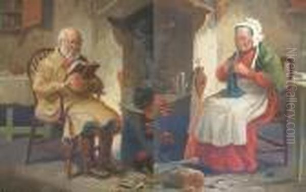Old Man Reading In An Interior,and Another, Old Woman Knitting Oil Painting by Alexander Austen