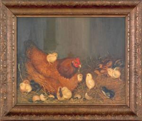 A Hen And Thirteen Chicks Oil Painting by Ben Austrian