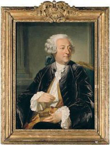 Portrait Of A Gentleman, Half 
Length Seated, Wearing A Purple Velvet Jacket And Holding A Snuffbox Oil Painting by Jacques-Andre-Joseph Aved