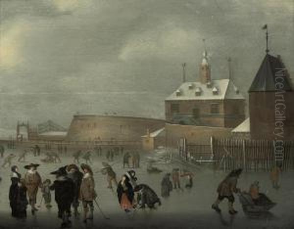 A Winter Landscape With Skaters 
And Kolf Players On The Ice, A House And A Viewing Point Beyond Oil Painting by Hendrick Avercamp