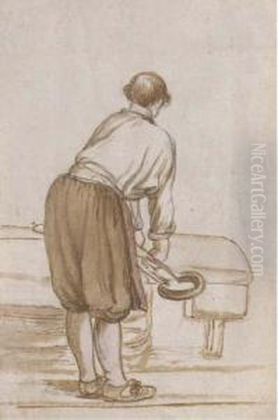 A Man, Seen From Behind, Shearing Loose Fibres From Woven Wool Oil Painting by Hendrick Avercamp