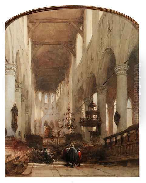 Worshippers In The Central Aisle Of The Pieterskerk, Leyden Oil Painting by Johannes Bosboom
