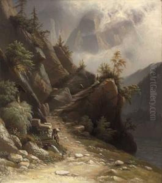 Mennesker Pa Sti I Fjellet Oil Painting by Knud (Andreassen) Baade