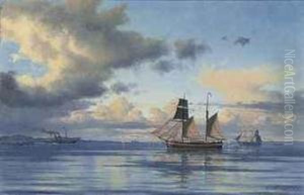 A Paddlesteamer, A Coastal 
Trader And Other Shipping In The Soundoff Kronborg Castle, Elsinore, 
Denmark Oil Painting by Carl Emil Baagoe