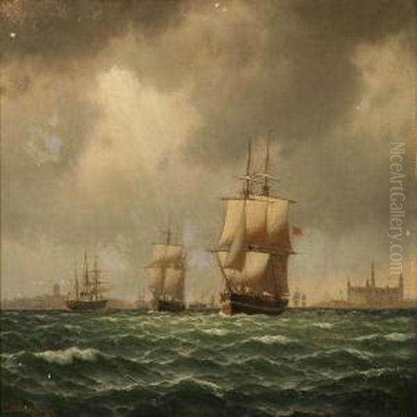 Coastal Scene With Sailing Ships Near Elsinor Castle Oil Painting by Carl Emil Baagoe