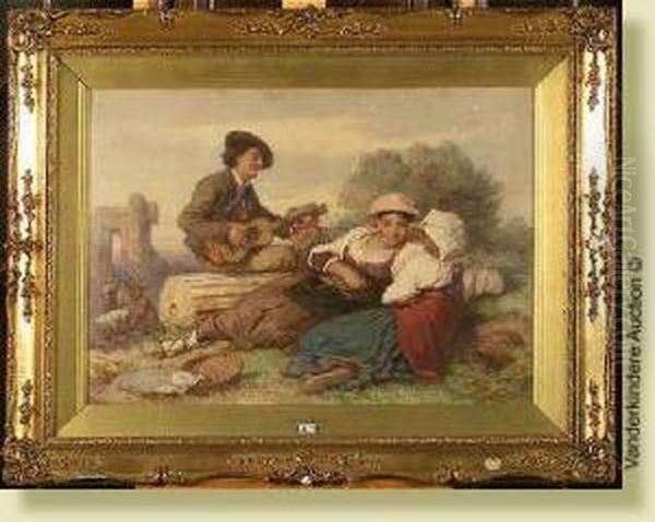 Scenegalante Dans Les Ruines 
Romaines, Aquarelle Sur Papier. Signee Enbas A Droite Guido Bach. Ecole 
Allemande. (*). Dim.: 51x71cm Oil Painting by Guido Bach