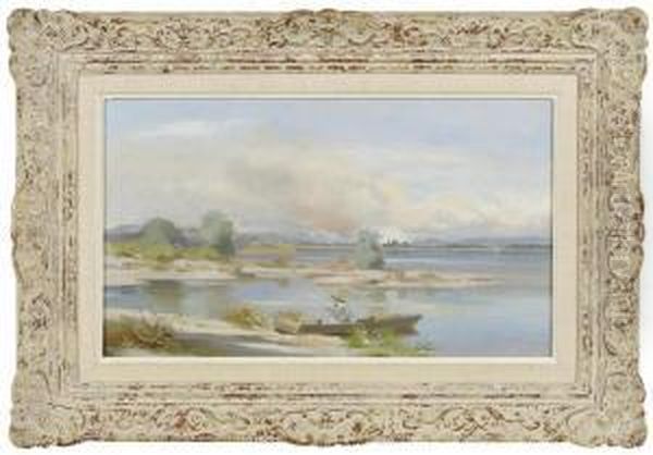 Lady Reading In A Boat Oil Painting by Auguste Bachelin