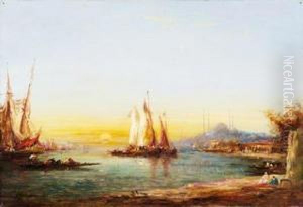Soleil Couchant Sur Le Bosphore, Istambul. Oil Painting by Adolphe Bachmann