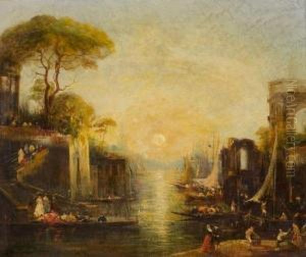 Coucher De Soleil Dans Un Port Imaginaire Oil Painting by Adolphe Bachmann