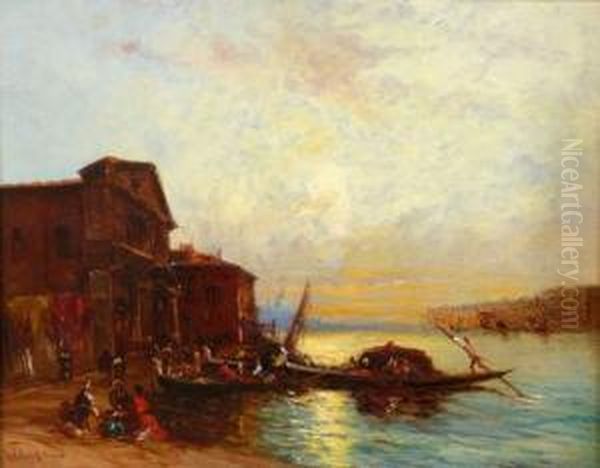 Gondole Devant Une Place Animee A Venise. Oil Painting by Adolphe Bachmann