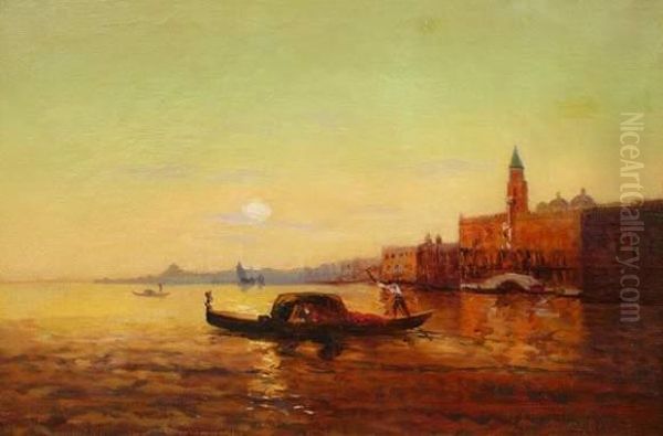 Gondole A Venise. Oil Painting by Adolphe Bachmann