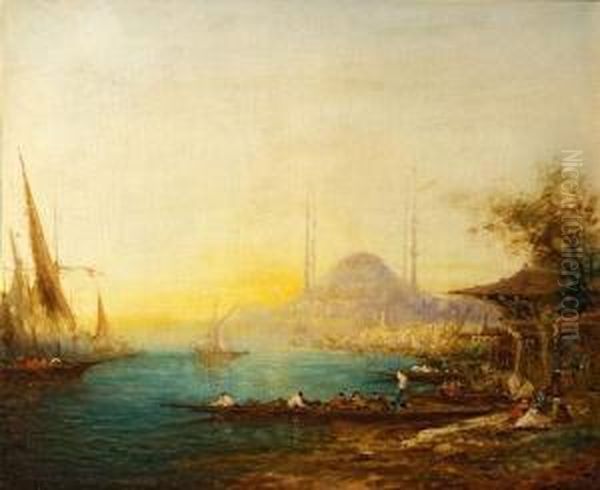 Coucher De Soleil Sur Le Bosphore, Constantinople. Oil Painting by Adolphe Bachmann
