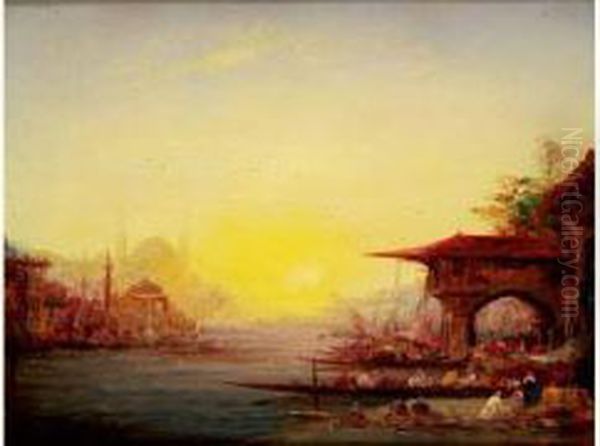 Coucher De Soleil Sur Le Bosphore, Constantinople, Circa 1910 Oil Painting by Adolphe Bachmann