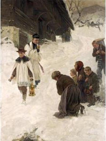 Besegnung Im Dorf 
Blessing In The Village Oil Painting by Hans Bachmann