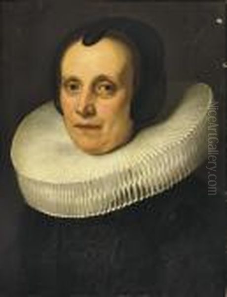 Portrait Of A Lady, Bust-length,
 In An Embroidered Black Dress Witha White 'molensteenkraag' Oil Painting by Jacob Adriaensz Backer