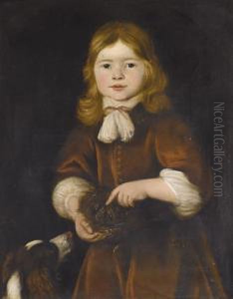 Young Boy Half Length Wearing 
Red And Holding A Bird's Nest Together With A 
Spaniel Oil Painting by Jacob Adriaensz Backer