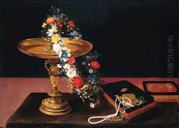 A garland of mixed flowers around a silver gilt tazza and a casket on a table Oil Painting by Jan Brueghel the Younger