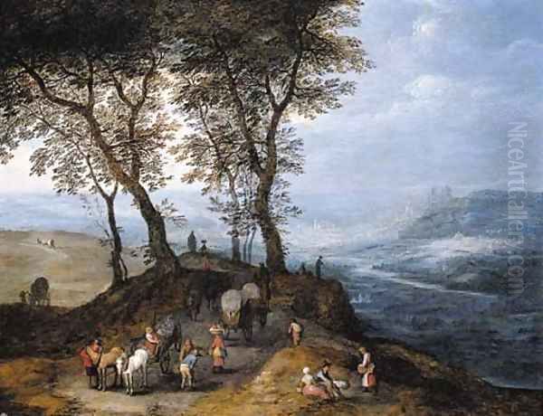 An extensive landscape with travellers on a path overlooking a valley, a city beyond Oil Painting by Jan Brueghel the Younger