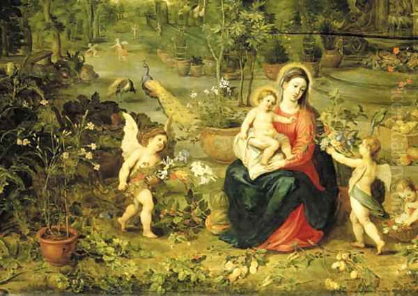 The Madonna and Child seated in a garden with putti, birds and animals Oil Painting by Jan Brueghel the Younger