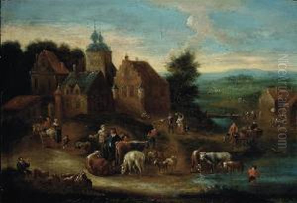 A River Landscape With Herdsmen And Their Cattle On A Track, Avillage Beyond Oil Painting by Marc Baets